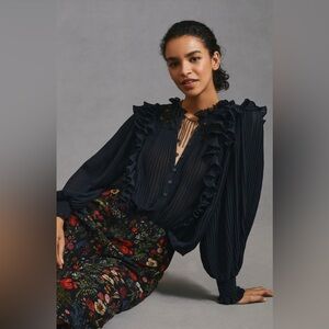 By Anthropologie Pleated Ruffle Blouse | Black | XS